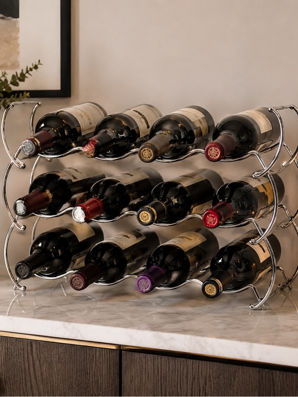 Modern Chrome Metal Wine Rack Holder 12 Bottle Countertop Storage Organizer